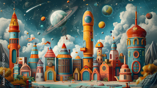 A whimsical painting of a cityscape with rockets and planets in the sky
