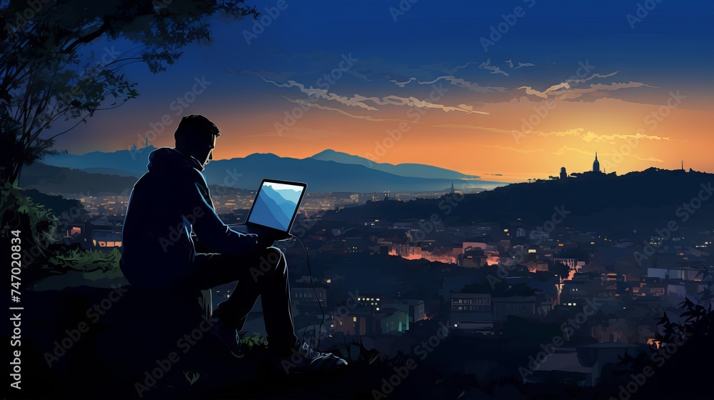 Silhouette of a remote worker enjoying the view of a city skyline at sunset