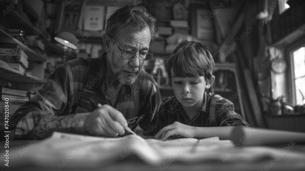 Craftsman father and boy son studying blueprints or instructions before working in family carpentry workshop, black and white Happy Father's Day banner