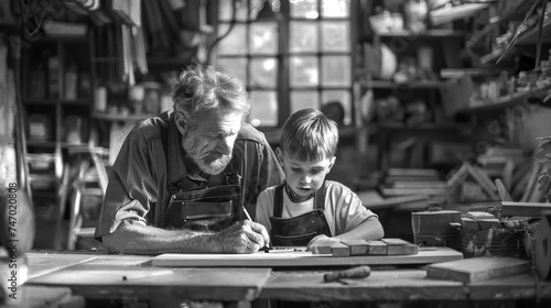 Grandfather and grandson build a birdhouse in a family carpentry workshop  share experiences and connect generations  concept for Father s Day  black and white banner