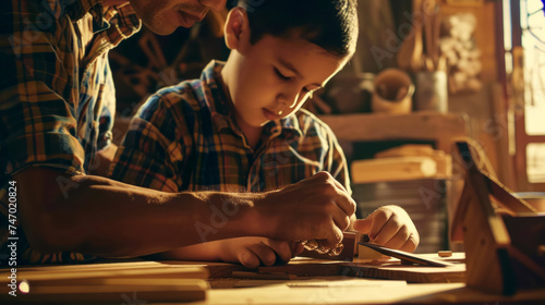 Father and son building a birdhouse in a family carpentry workshop  sharing experience and connecting generations  poster concept for Father s Day