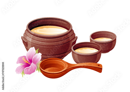 Makgeolli drink. Korean rice wine in ceramic pot with wooden scoop and mugunghwa hibiscus flower. Traditional alcohol from Korea vector food icon. Korean Makgeolli drink illustration. Rice wine pot