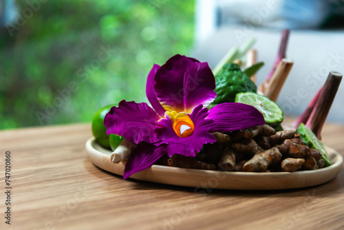Thai Spa massage compress balls  herbal ball and treatment spa  relax and healthy care with flower  Thailand. Healthy Concept.