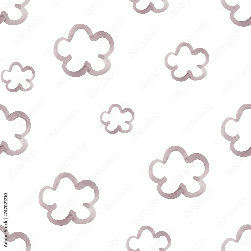 A pattern of delicate watercolor illustrations of a simple outline pink flower. Doodle style. Hand-drawn. A pattern of delicate watercolor illustrations of a simple outline pink flower. Doodle style. Hand-drawn.