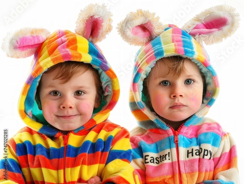 Two children in vibrant Easter bunny costumes pose for a festive portrait