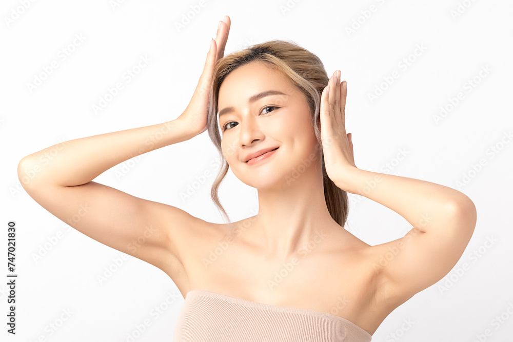 Portrait beautiful young asian woman posing with her hands gracefully framing her face. Beauty face skincare and health wellness, Facial treatment. Perfect skin, Natural makeup. Portrait beautiful young asian woman posing with her hands gracefully framing her face. Beauty face skincare and health wellness, Facial treatment. Perfect skin, Natural makeup.