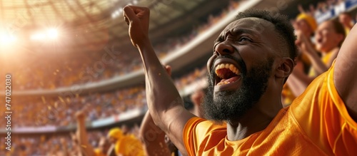 A fan in an orange jersey is energetically cheering in the stadium, arms raised in excitement. This photo caption captures the fun atmosphere of the competition event.