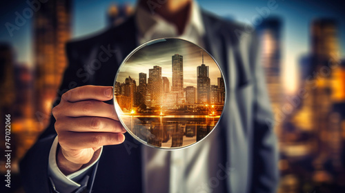 Businessman Realtor Holding Magnifying Glass Over City