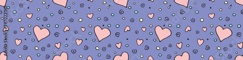 Vector Seamless abstract pattern of outline colorful elements hearts points drops spirals. Hand drawn doodle background, texture for textile, wrapping paper, Valentine's day