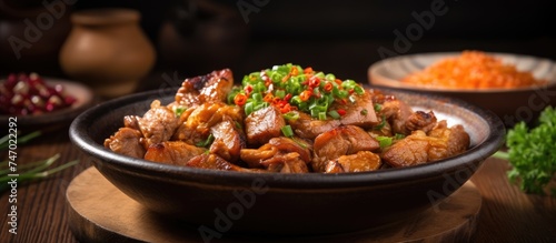 A detailed view of a delicious pork dish served in a bowl on a wooden table, with selective focus highlighting the foods texture and colors. © AkuAku