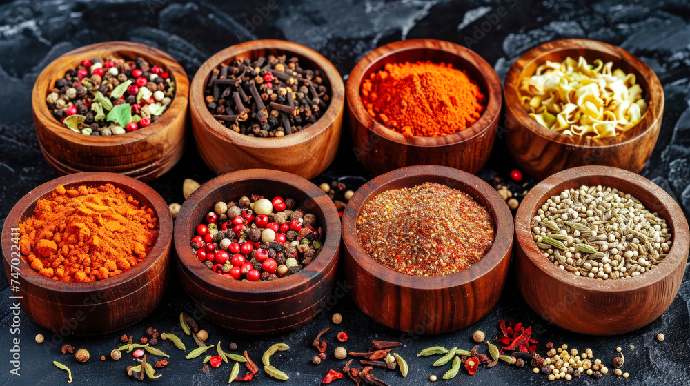 Assorted Wooden Bowls Filled With a Variety of Spices