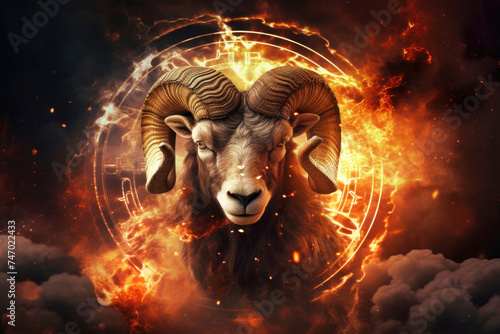 A ram with impressive horns stands proudly in front of a blazing fire, showcasing the symbol of the Zodiac sign Aries