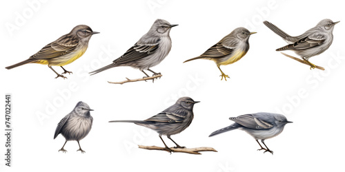 Collection of gray bird isolated on a white background as transparent PNG