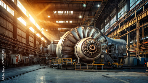 Large Jet Engine in Factory Workshop