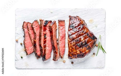 Grilled and cut Flat Iron steak. Marble beef meat. Isolated on white background