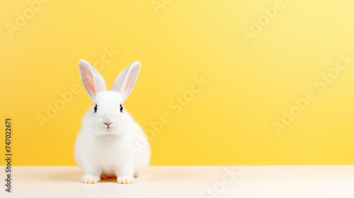 A white bunny against a bright yellow background, symbolizing Easter joy and spring festivities.