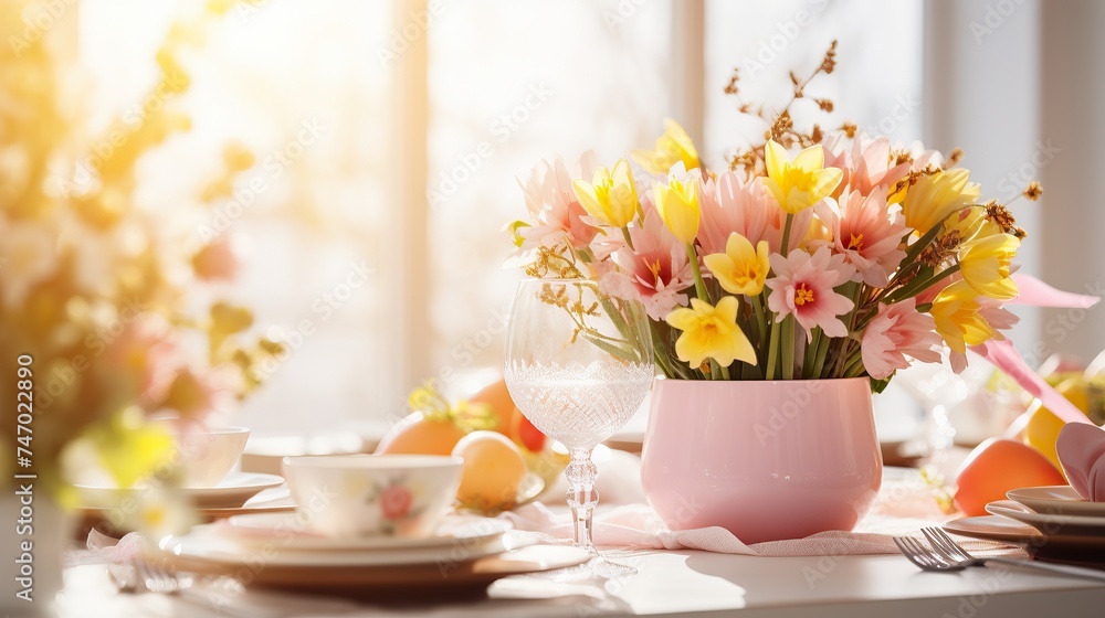 A pastel pink vase with blooming tulips on a sunlit Easter table, surrounded by elegant tableware and soft-hued Easter eggs. A pastel pink vase with blooming tulips on a sunlit Easter table, surrounded by elegant tableware and soft-hued Easter eggs.