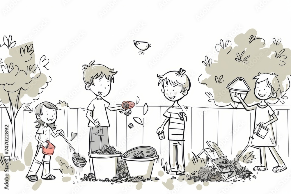 Cartoon cute doodles of children learning about composting and recycling in the garden, Generative AI
