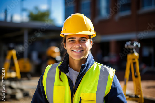 A woman wearing a safety vest and hard hat at a construction site