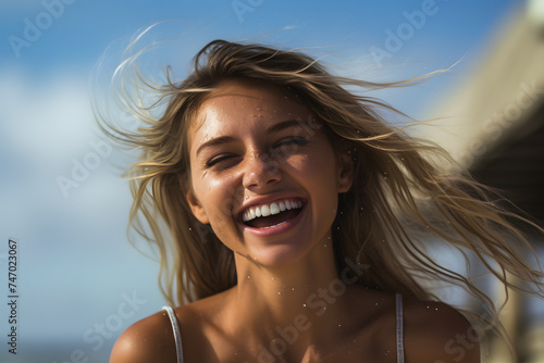 Young tan blond woman having fun at beach