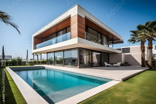 Modernized luxury beach villa with a large garden, pool, and sea view. an external view of a modern vacation home © VisualVanguard