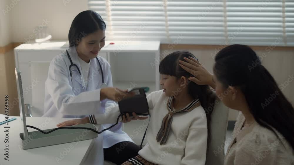 Female doctor examines sick girl's health and gives medical advice to her mother at a modern hospital Ready to give advice on case examination Female doctor examines sick girl's health and gives medical advice to her mother at a modern hospital Ready to give advice on case examination