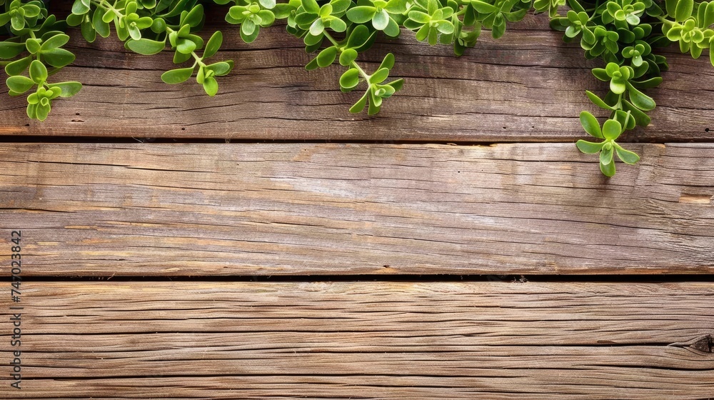 Top view of a rustic wooden surface covered partially by vibrant green succulent plants, showcasing a blend of natural and man-made textures Top view of a rustic wooden surface covered partially by vibrant green succulent plants, showcasing a blend of natural and man-made textures