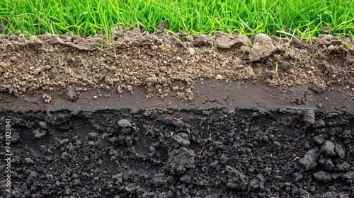 Cross-section view of soil showing layers of topsoil, subsoil, and grass roots, representing agriculture and earth sciences photo