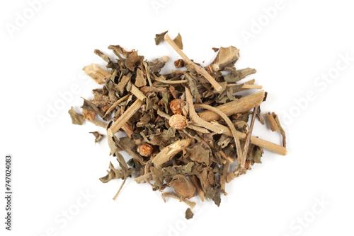 A pile of Dry Organic Ashwagandha (Withania somnifera) leaves, isolated on a white background. Top view photo