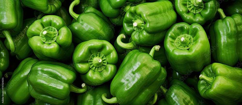 A cluster of vibrant green peppers is neatly arranged side by side, showcasing their glossy skin and distinctive shape. The peppers are fresh and appealing, perfect for purchase at a nearby farmers A cluster of vibrant green peppers is neatly arranged side by side, showcasing their glossy skin and distinctive shape. The peppers are fresh and appealing, perfect for purchase at a nearby farmers