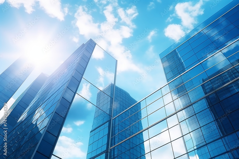 Modern office building with glass facades and blue sky, economy and business activity concept Modern office building with glass facades and blue sky, economy and business activity concept