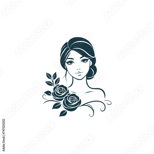The face of a beautiful girl with flowers in her hair. black and white silhouette. Creative beauty design. Vector Use Logo T-shirt
