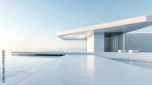 Vacation Home.exterior of contemporary residence with furniture illuminated with lights located close to sea against blue cloudy sky