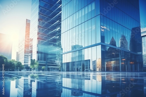 Modern office building with glass facades, blue sky, economy and business concept
