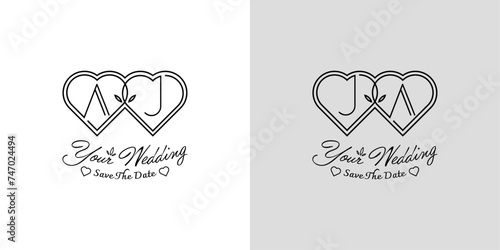Letters AJ and JA Wedding Love Logo, for couples with A and J initials
