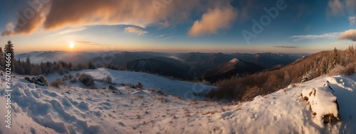 Wide angle panoramic view of a beautiful landscape on top of mountain with clouds at winter sunset from Generative AI