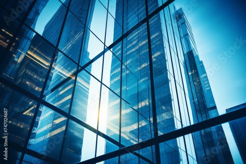 Modern office building with glass facades and blue sky  finance and business concept
