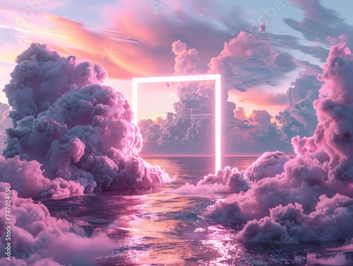 Dreamy scene with a pink neon rectangle frame amidst fluffy clouds reflecting in the water below