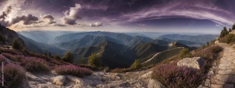 Wide angle panoramic view of a beautiful landscape on top of mountain with purple clouds from Generative AI