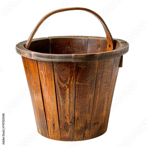 Old wooden bucket isolated on a transparent background.