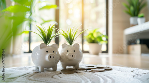 A minimalist, spacious living room bathed in natural light, with piggy banks and money plants symbolizing smart savings photo