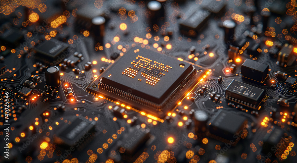 Close-up of a circuit board with illuminated pathways and a central processing unit, symbolizing technology and innovation. Close-up of a circuit board with illuminated pathways and a central processing unit, symbolizing technology and innovation.