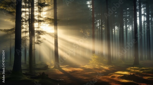 Mystical Sunbeams Penetrating a Foggy Forest Captivating Morning Light Display