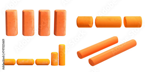 Collection of orange color chalk isolated on a white background as transparent PNG