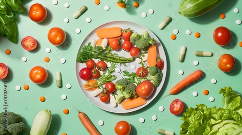 Fresh vegetables on a plate with vibrant colors, healthy eating, top view. simple, clean food photography, perfect for nutrition and diet concepts. AI