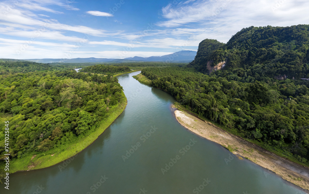Aerial view of river and mountain in Kanchanaburi, Thailand
