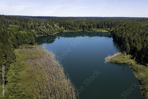 Aerial view of the lake in the forest. Nature composition.