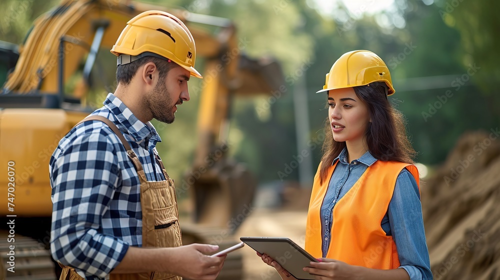 Two engineers work in construction site outdoor. work with tablet and talk about new project. Blur Macro background Two engineers work in construction site outdoor. work with tablet and talk about new project. Blur Macro background