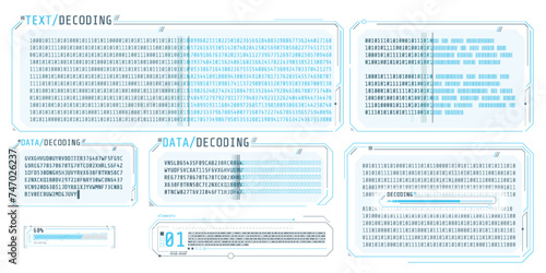 Data entry and text decoding on futuristic interface screen.