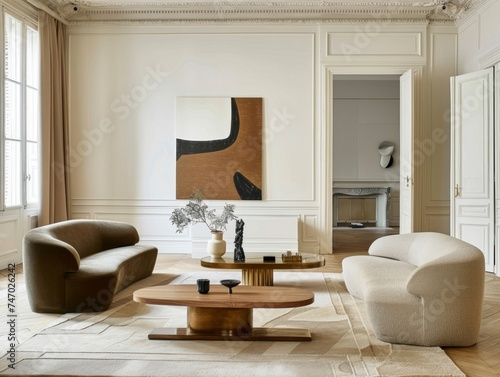 A classy and spacious living room with contemporary curved furniture and a large abstract painting